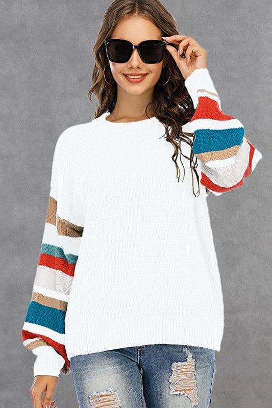 off-white colour with eye-catching multi coloured stripes on the sleeve