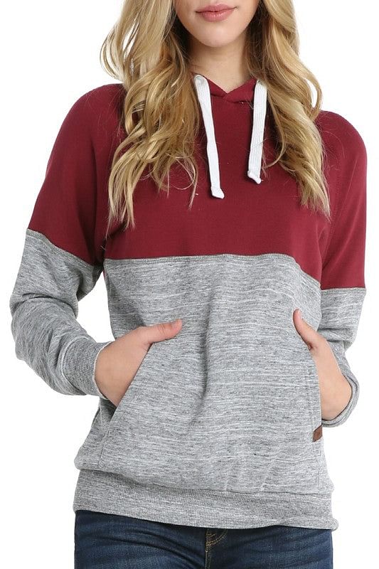 Burgundy and heather grey hooded sweatshirt with a kangaroo pocket
