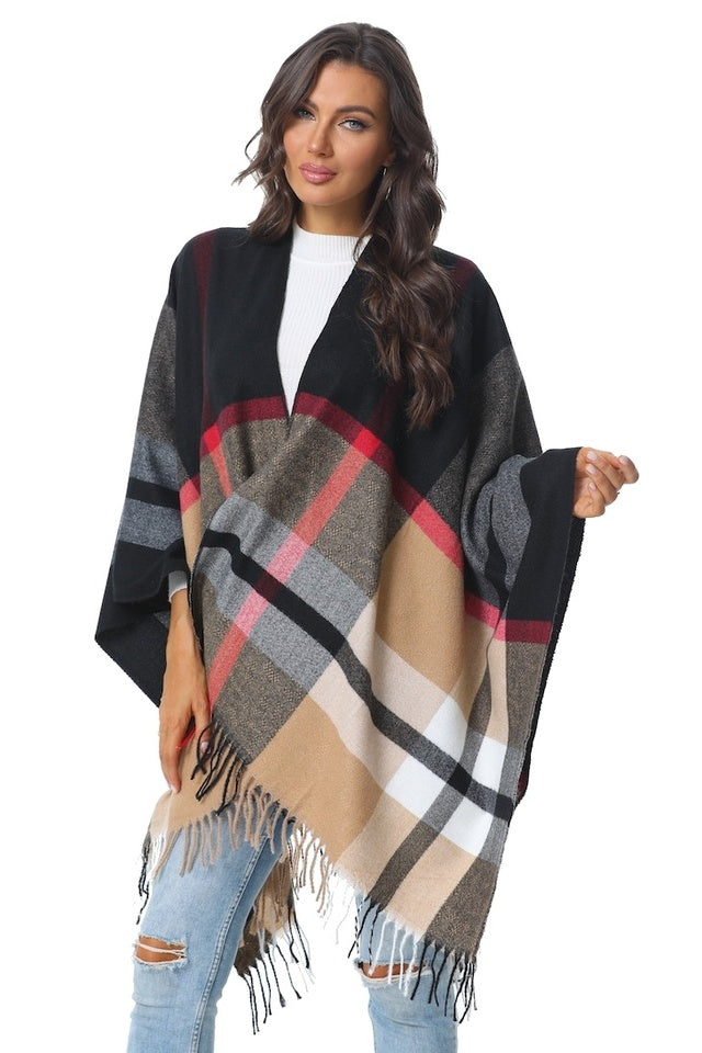 black cape with mocha and red tones