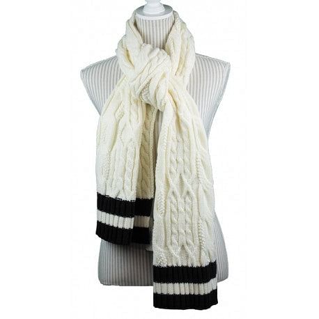 White cable knit winter scarf with two black accent lines