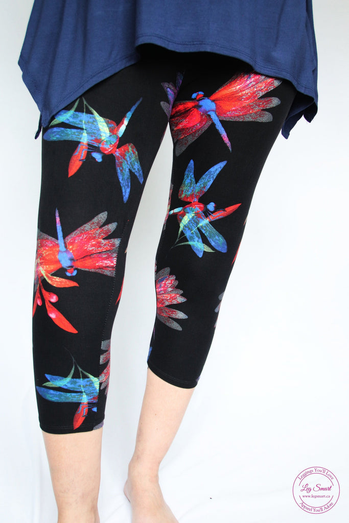 black leggings with a colourful dragonfly print