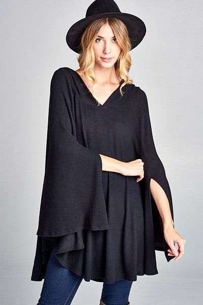 Front View of Black Hooded Poncho