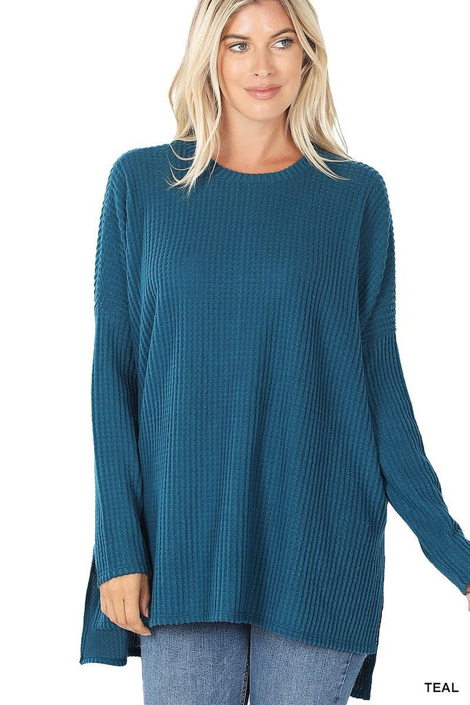 womens teal waffle knit thermal top