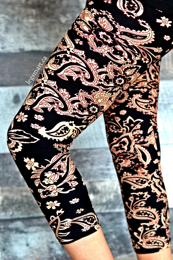 black cropped leggings with a damask print