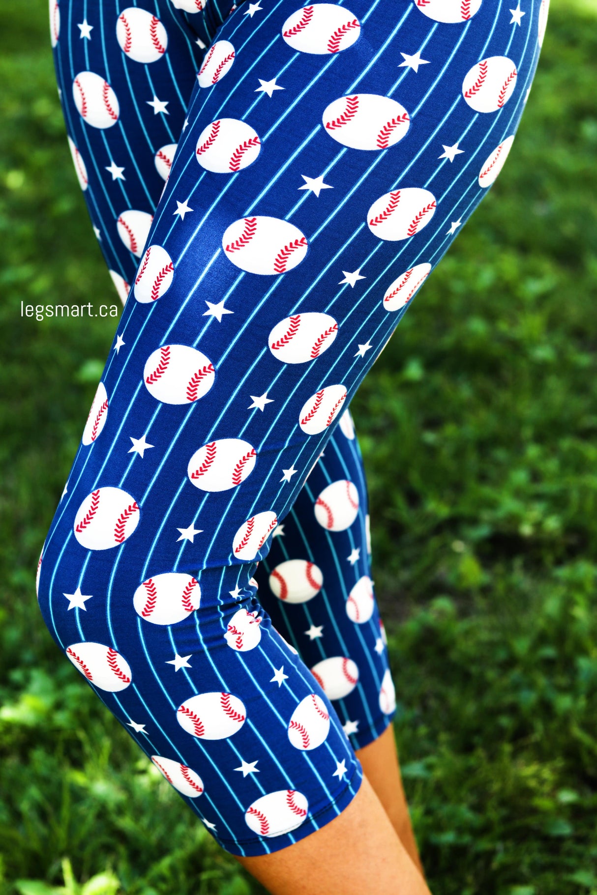 blue capri leggings with baseballs