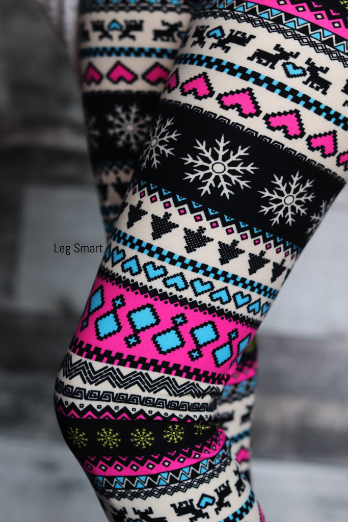 Christmas leggings with snowflakes, reindeer and pink hearts