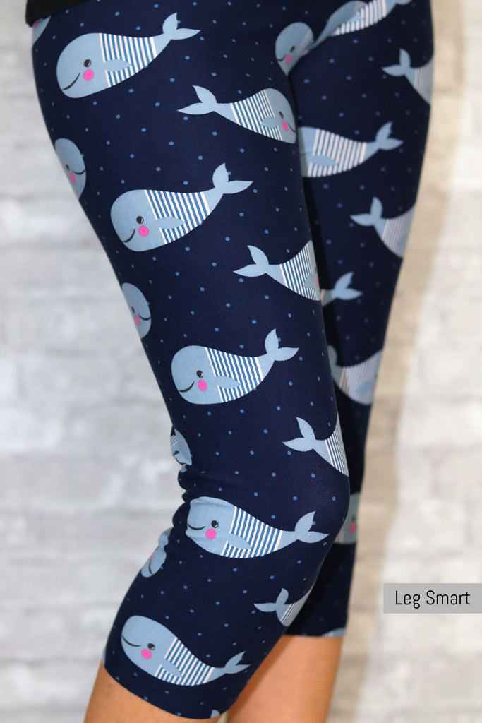 deep blue capri leggings with cute whales