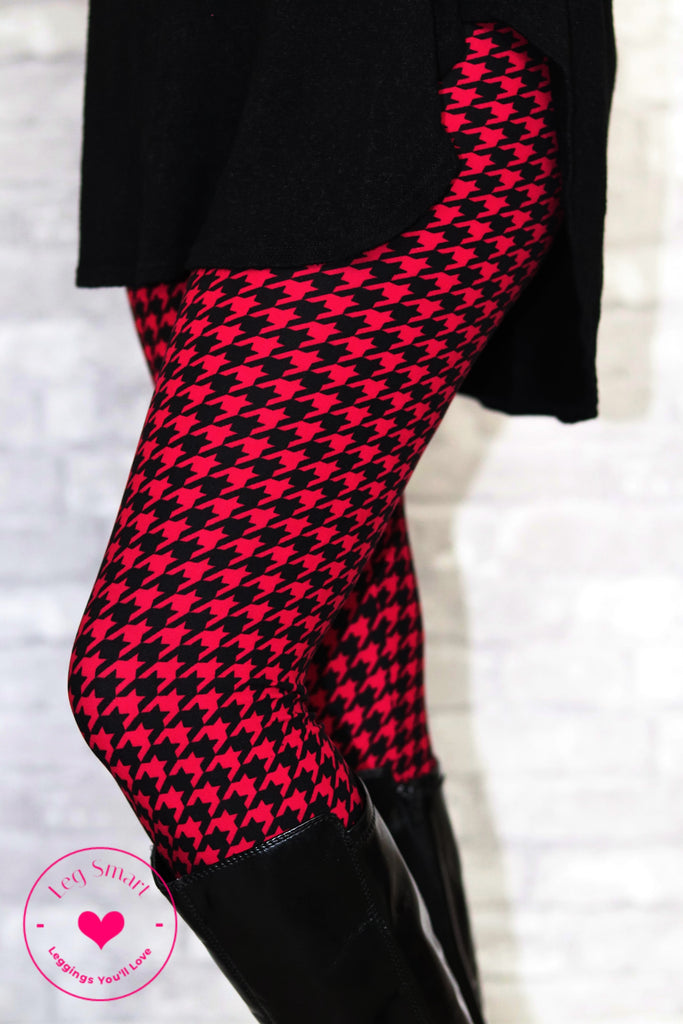 Black and crimson leggings with a bold houndstooth print