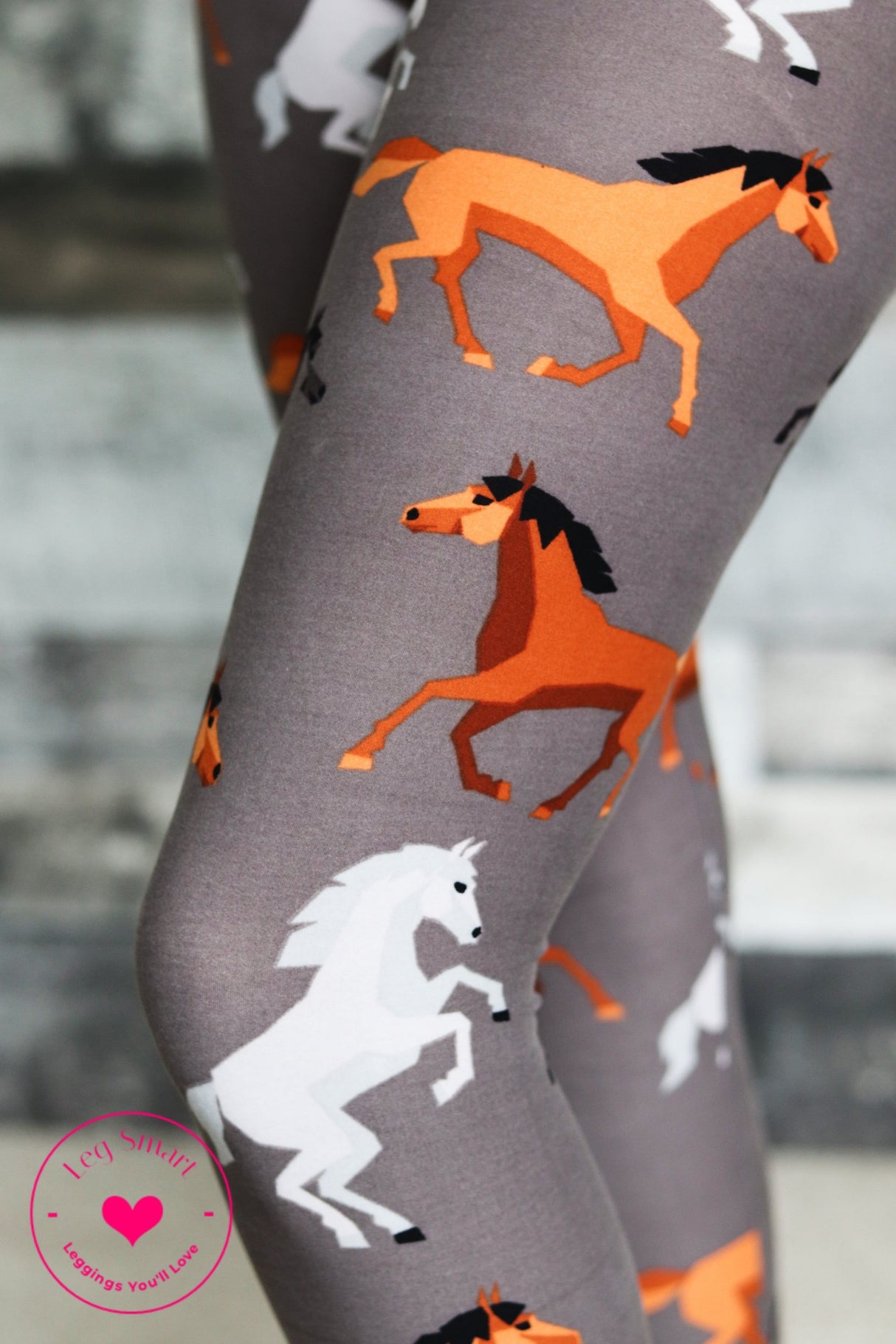 grey leggings with chestnut and white horses