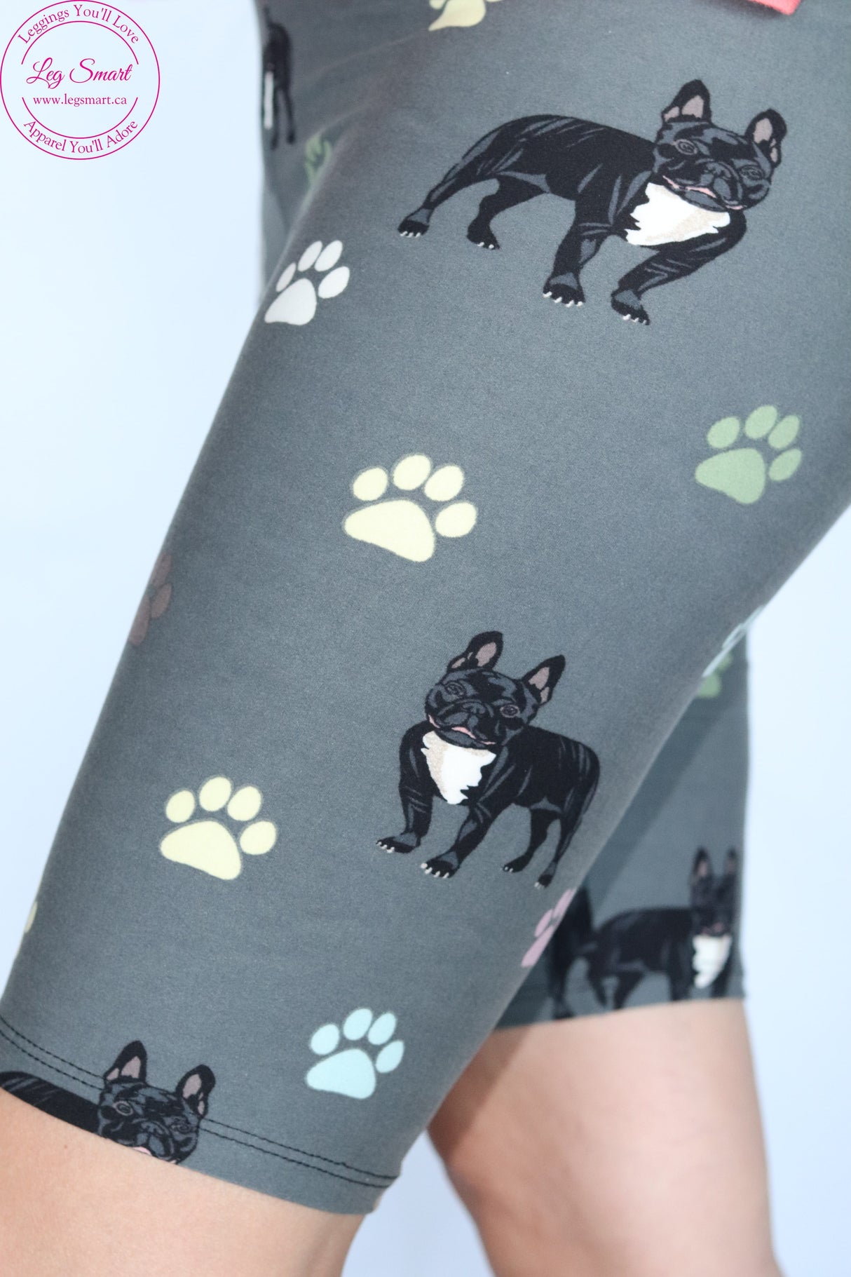 grey shorts printed with bulldogs