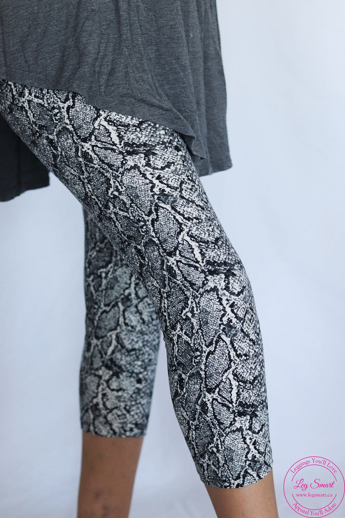 black and white capri leggings with a snake skin print