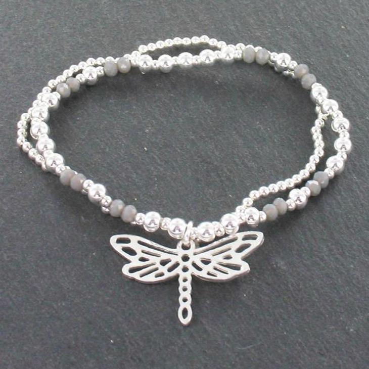 double strand silver bracelet with dragonfly charm