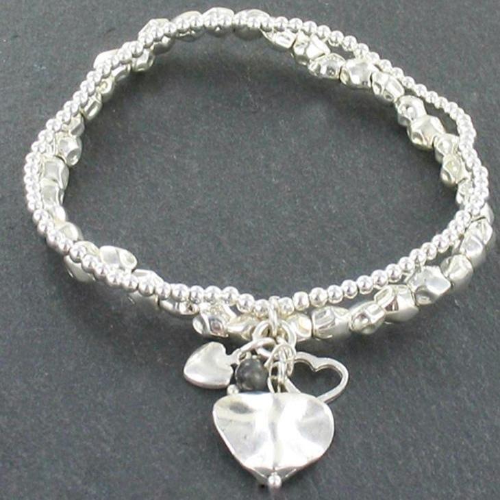 silver double strand bracelet with heart charms