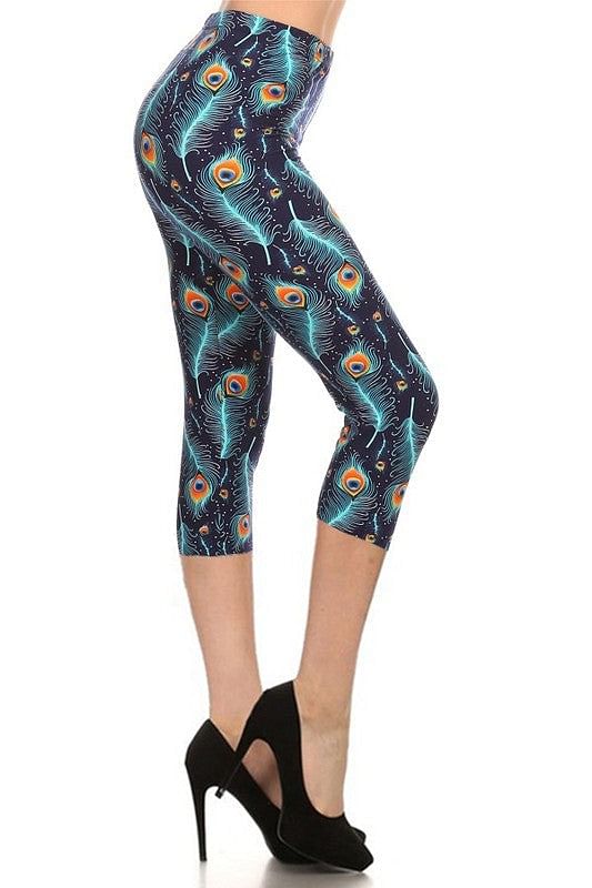 bold statement capri leggings with peacock feather print