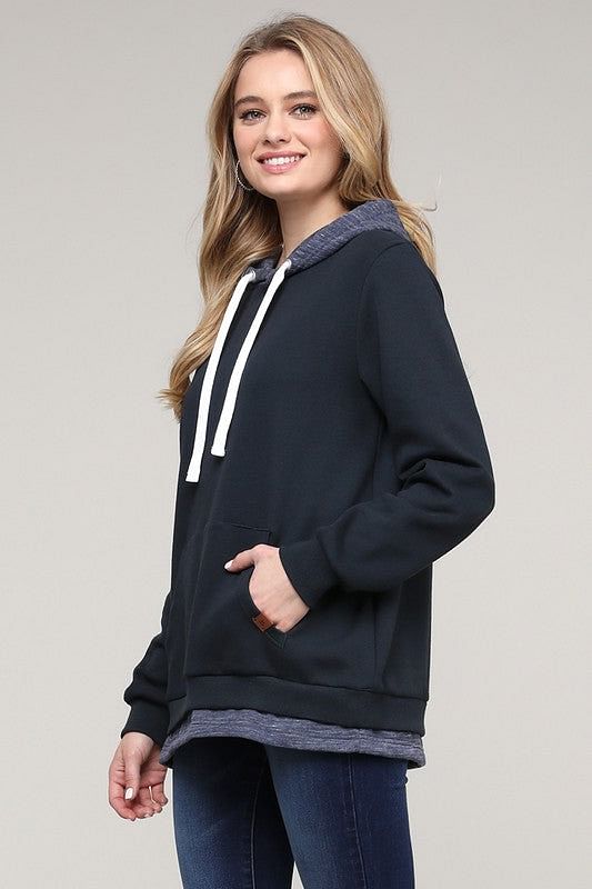 hooded sweatshirt with navy body and heather navy accents