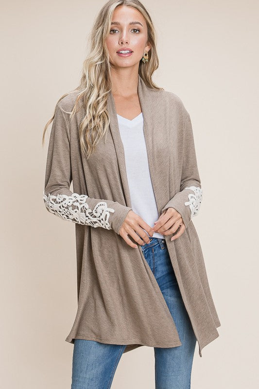 taupe cardigan with lace embellishment on sleeves
