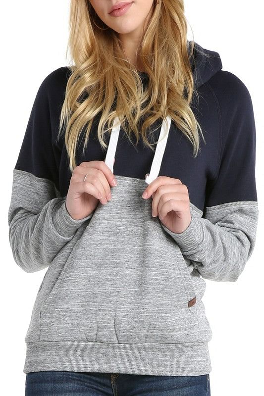 navy and grey hooded sweatshirt with front pocket