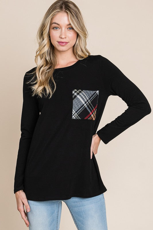 Black sweater with plaid embellishment on the chest 