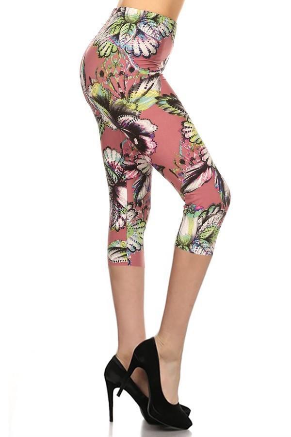 Green Floral Capri Leggings, Rose Women's Capris Yoga Pants Tights- Made in  USA/EU