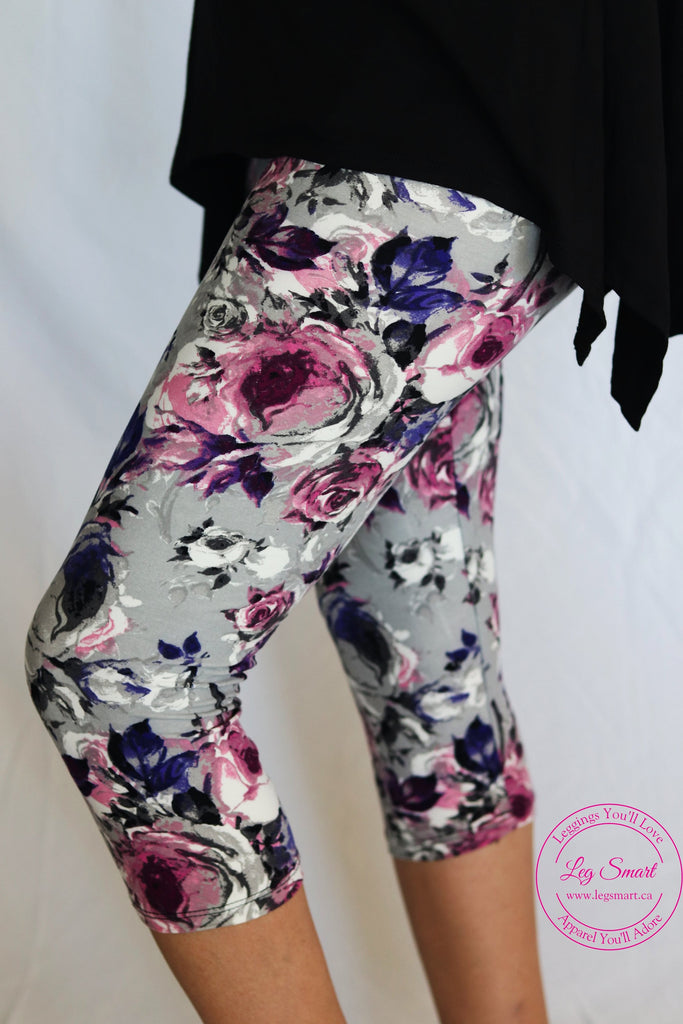 soft grey capri leggings with a beautiful floral print