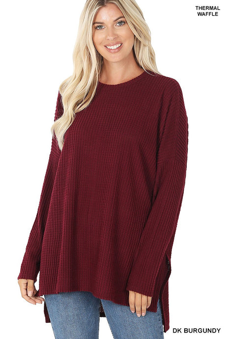 womens burgundy waffle knit thermal top