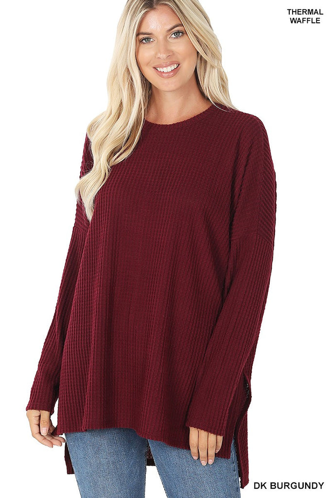 womens burgundy waffle knit thermal top
