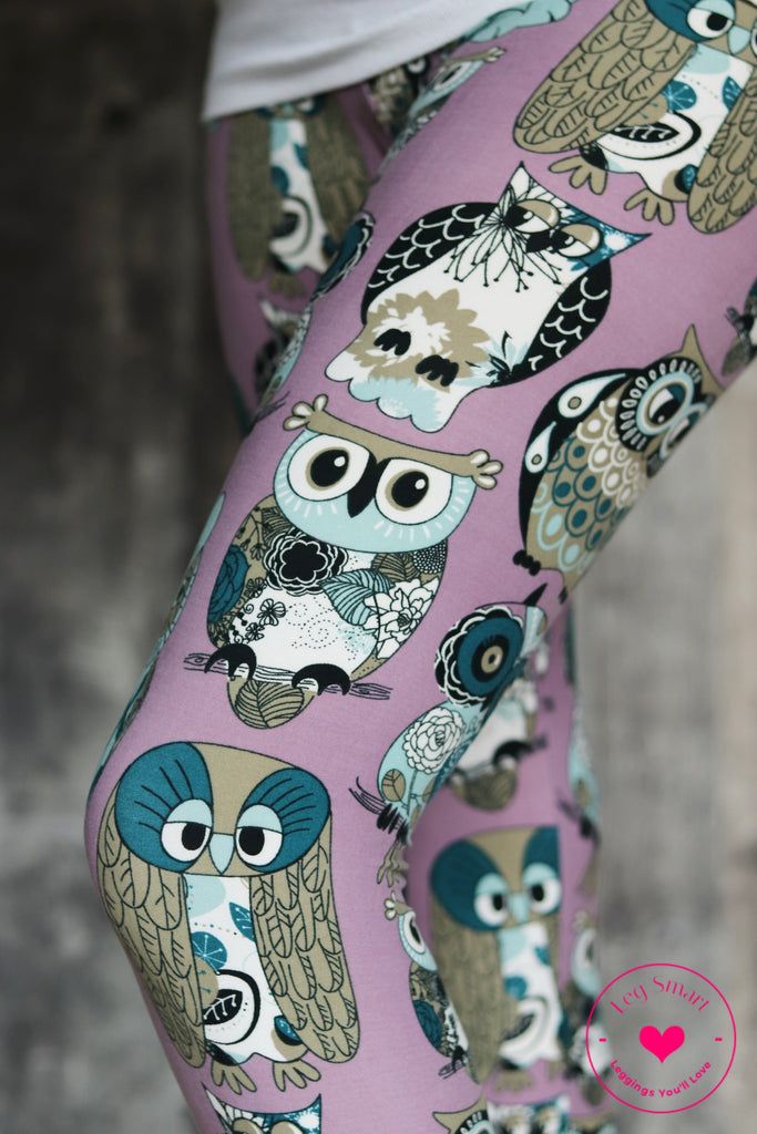 Lavender girls leggings printed with owls