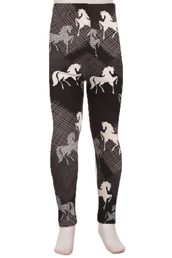 Girls black and white leggings printed with horses