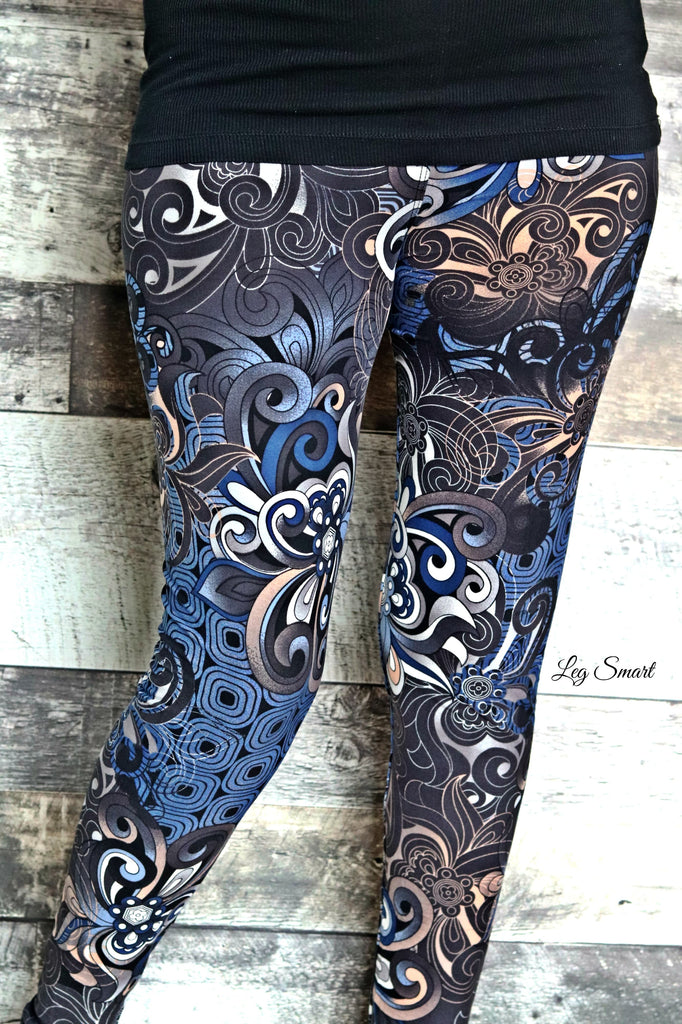 blue, grey, taupe, black and white leggings