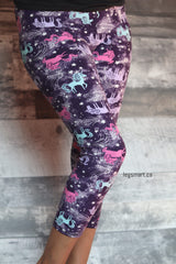 capri leggings printed with pink, blue and purple unicorns