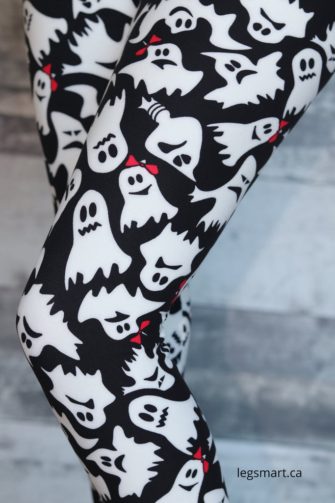 black leggings with a spooky white ghost print are perfect for halloween