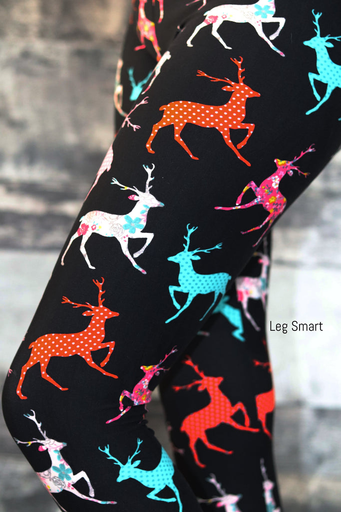 black leggings are printed with beautiful reindeer in a variety of colors and patterns