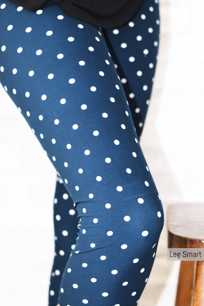 navy capri leggings with white polka dots