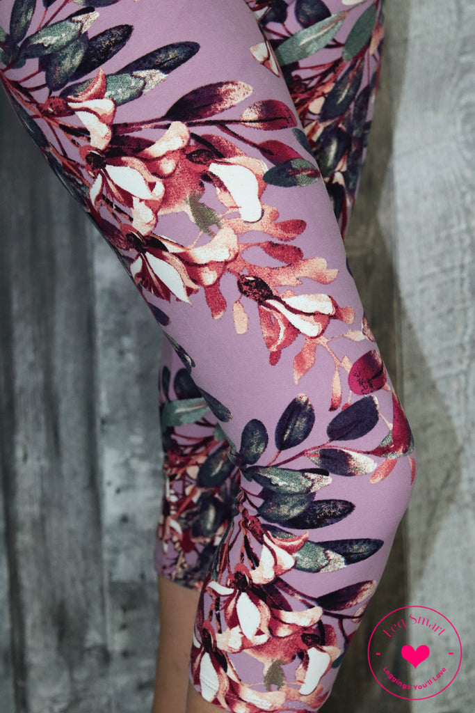 lavender capri leggings with a pink and purple floral print