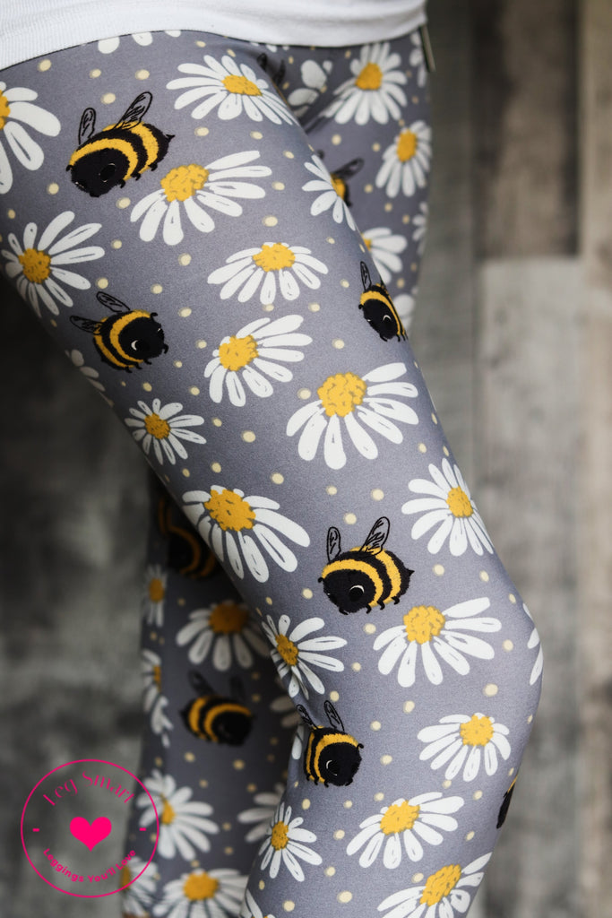 grey capri leggings with printed bumblebees and flowers