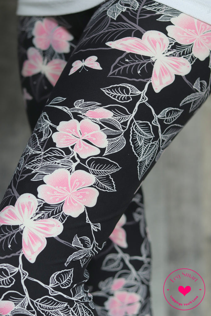 buttery soft black leggings with pink butterflies