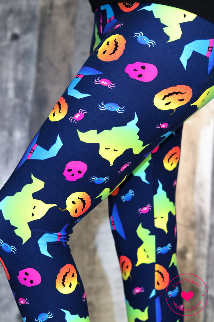 Halloween leggings with bright neon ghosts and jack-o-lanterns