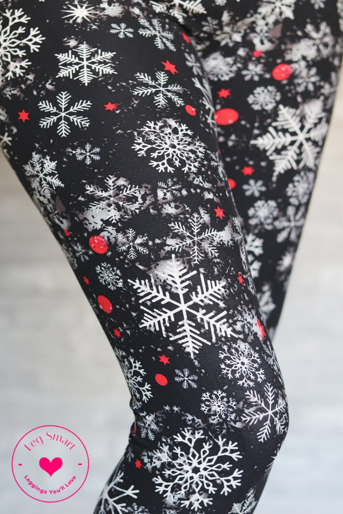 Buttery soft leggings with a dark background and delicate white snowflakes.  Winter leggings, Christmas leggings