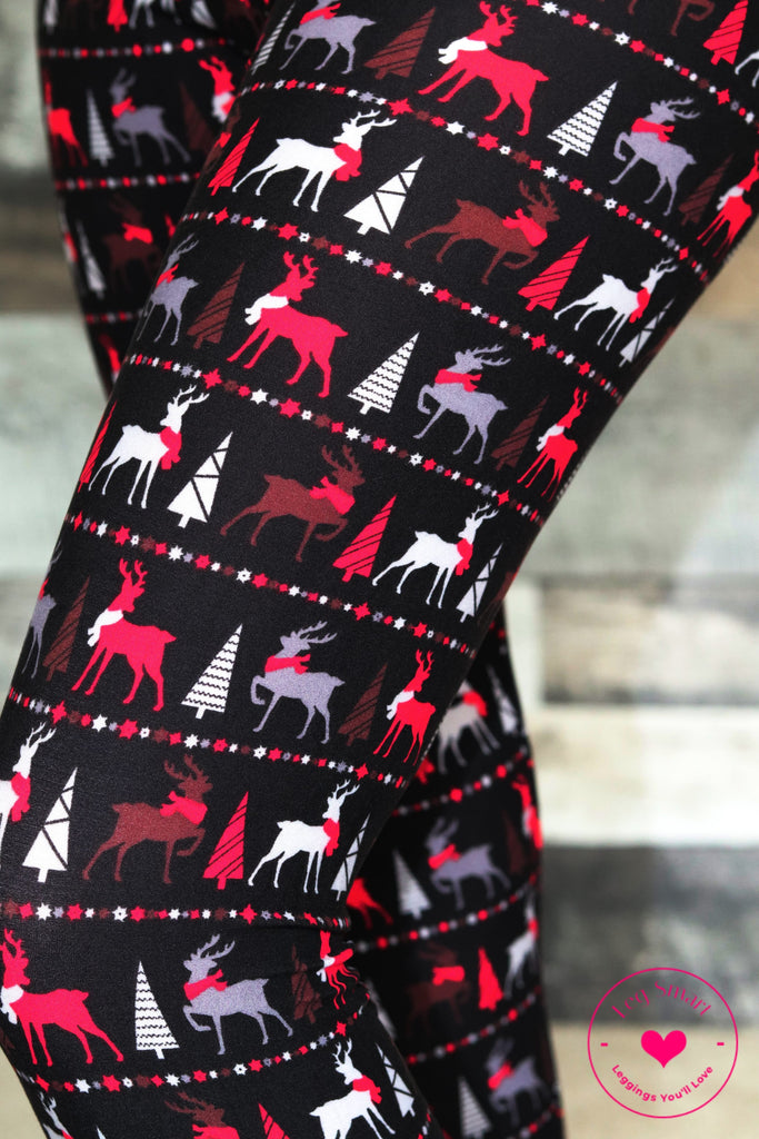 Black Christmas leggings with red and grey reindeer and trees