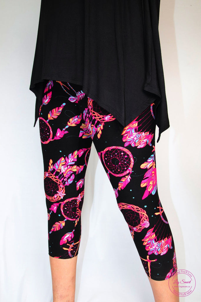black cropped leggings with beautiful pink dreamcatchers print on them