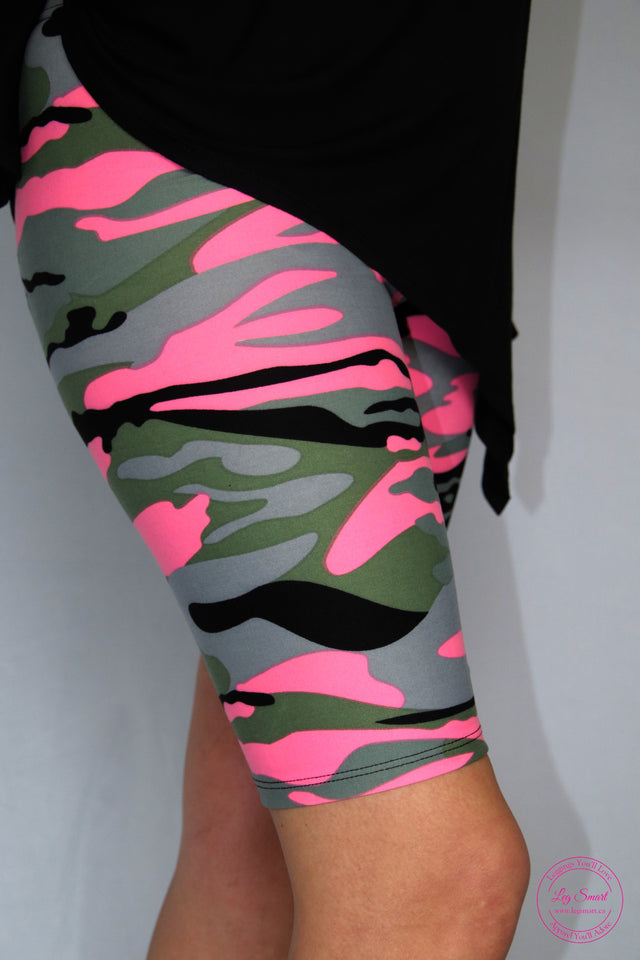 womens shorts with a pink and black camouflage print