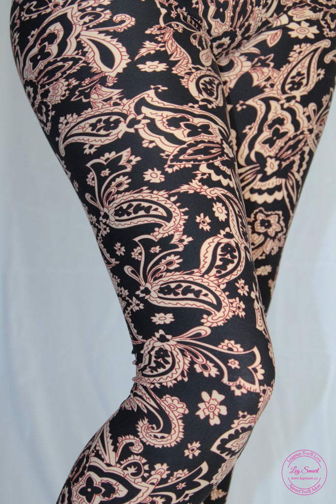 Black leggings with an interesting taupe printed pattern