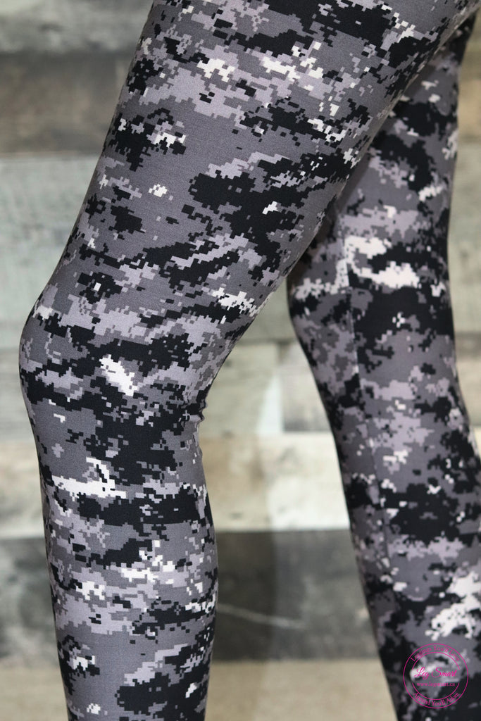 Black Camo Leggings pixelated with grey and white