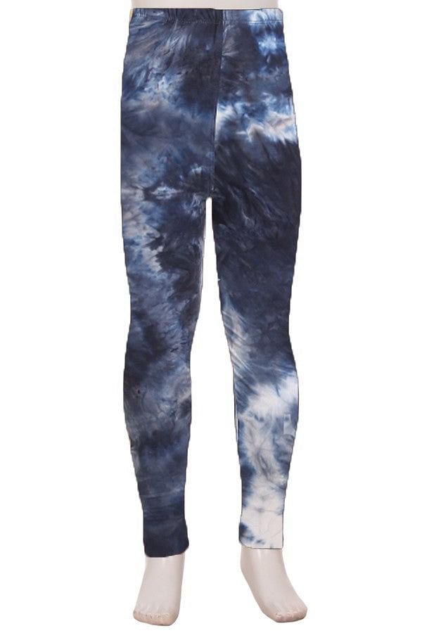 girls leggings with a blue and white tie dye print