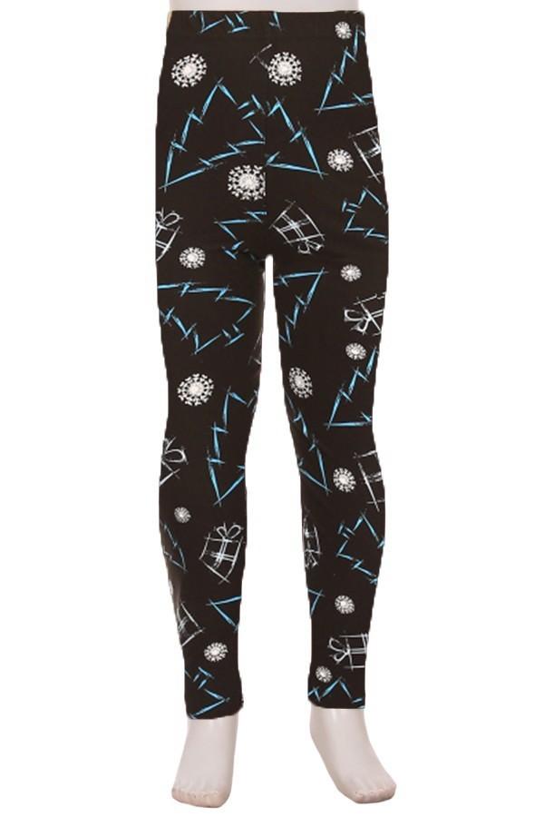 black kids leggings with a festive pattern of blue Christmas trees and white Christmas presents