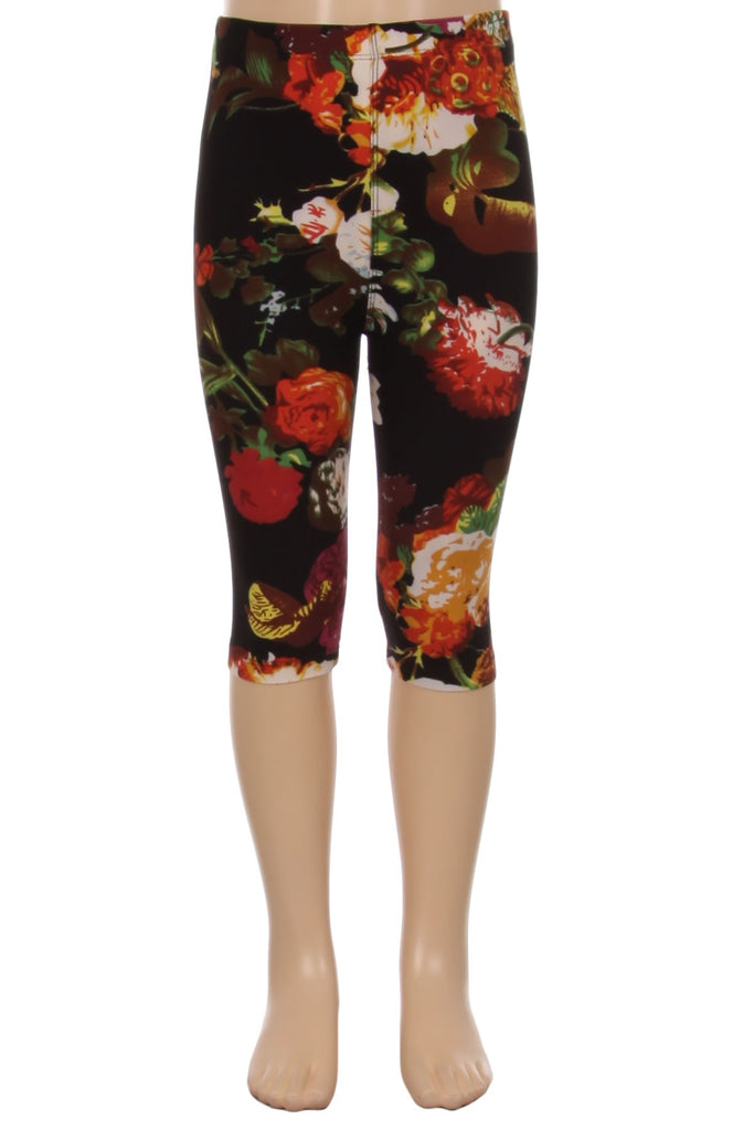 Girls Black capri leggings with a floral pattern
