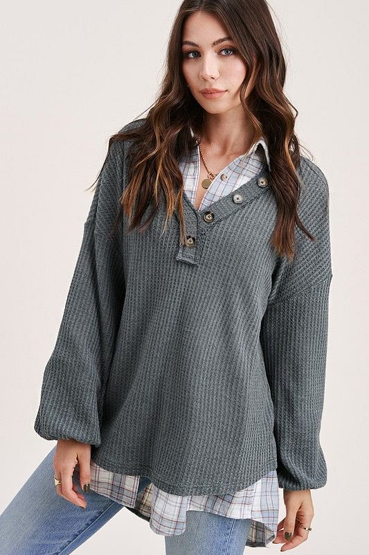 silvery-green waffle knit top with button detail