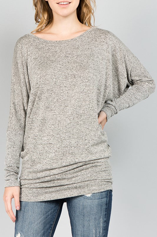 fawn/taupe coloured long sleeve dolman style top.  Long length makes it a great shirt to wear with leggings.