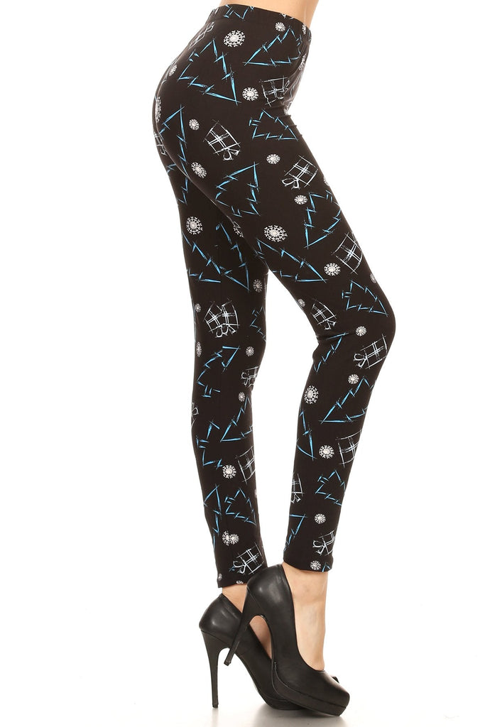 black leggings with a festive design of blue Christmas trees and white Christmas presents