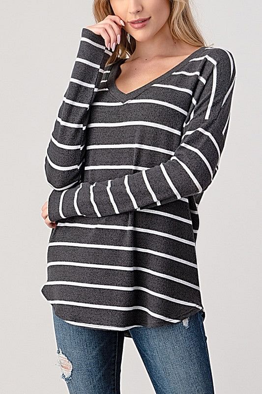 Soft, long sleeved charcoal tunic with timeless white stripes